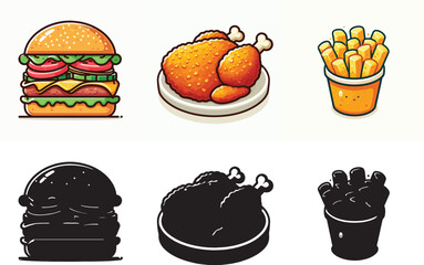  Vector image of fast food set and shilhouttes on white background