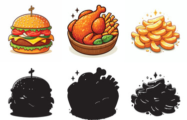  Vector image of fast food set and shilhouttes on white background
