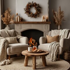 a cozy living room scene with two armchairs flanking a fireplace, adorned with a rustic wooden coffee table, warm blankets, and autumnal decor.