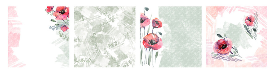 A set of creative summer watercolor backgrounds with flowers, poppies for the design of postcards, covers. Spring creative textures with red poppies.