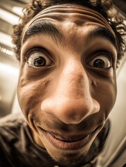 Obraz premium Close-up shot of young man's expressive face, with a wide-eyed expression and curly hair