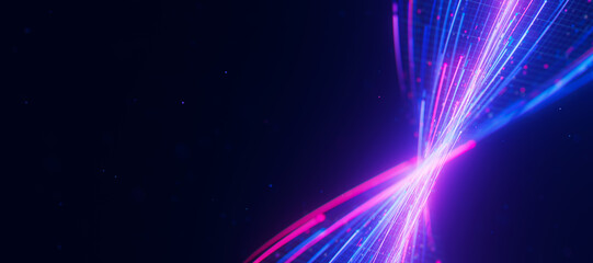 Closeup of bigdata light speed twisted flow. Abstract digital data stream of quantum computing. Cyberspace of qubit trail waves. Modern tech information transmission.