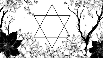 Elegant Black and White Star of David Illustration with Hand-Drawn Floral Frame, Perfect for Jewish Holiday Designs and Spiritual Themes