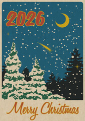 Mid Century Modern Christmas Greeting Card, 1950s - 1960s Postcards Style Illustration, 2026 Merry Christmas Poster. Vintage Colors, Aged Paper Texture