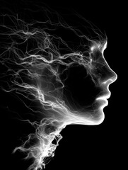 Obraz premium Silhouette of AI face profile with flowing, ethereal lines on black background, evokes feelings of mystery and elegance