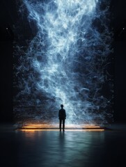 Person contemplating vast cosmic energy digital art installation silhouette of individual in front of digital cosmos
