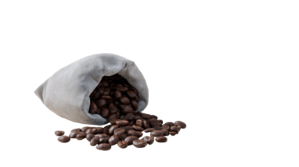 Product shot of coffee beans spilling out from an open gray fabric bag, on a transparent background, side view, 3d render, realistic.