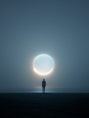 Obraz premium Large glowing AI hologram orb and silhouette of person standing in a surreal scene