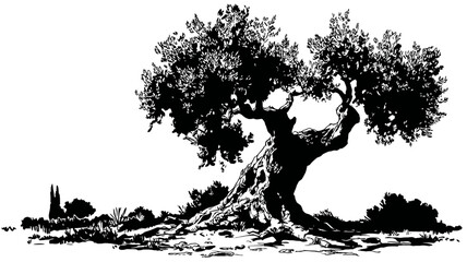 Classic hand-drawn ink illustration of a majestic old tree with a gnarled trunk and dense foliage, vintage black and white nature sketch art.