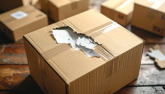 Damaged cardboard box with a large hole, surrounded by more boxes
