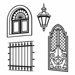 Collection of decorative architectural elements including arched window ornate window lantern and wrought iron grill