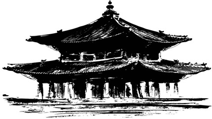 Traditional East Asian Temple Pagoda Ink Sketch Illustration. Vintage Hand-Drawn Black and White Asian Architecture Vector Art.