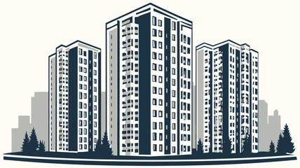 Vector illustration of modern urban high-rise apartment buildings. Contemporary city architecture with residential towers and skyline.