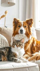 Dog and cat on a light beige couch