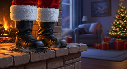 Santa Claus boots covered in soot on a fireplace hearth after coming down the chimney on Christmas Eve