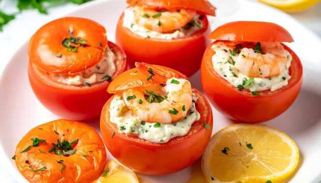 Tomates aux crevettes, tomatoes stuffed with shrimp