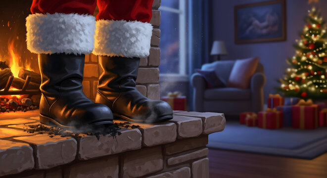 Santa Claus boots covered in soot on a fireplace hearth after coming down the chimney on Christmas Eve