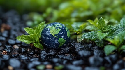 Earth model in garden soil, lush greenery, rain drops.  Possible use environmental awareness