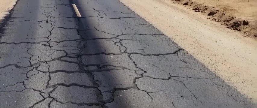Aerial Perspective of Severely Cracked Desert Road, Imperfect Infrastructure Depicted, a Warning