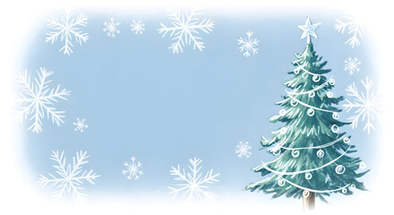 Hand drawn Christmas tree with star and snowflakes on soft blue background winter greeting card