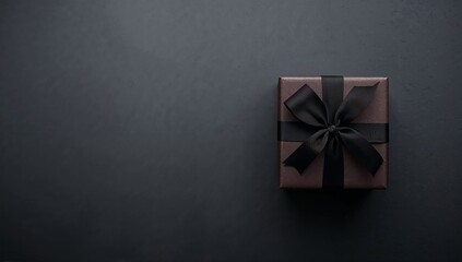 茶色い箱に黒いリボンをかけてラッピングしたプレゼントの箱、グレーの背景、右寄せ