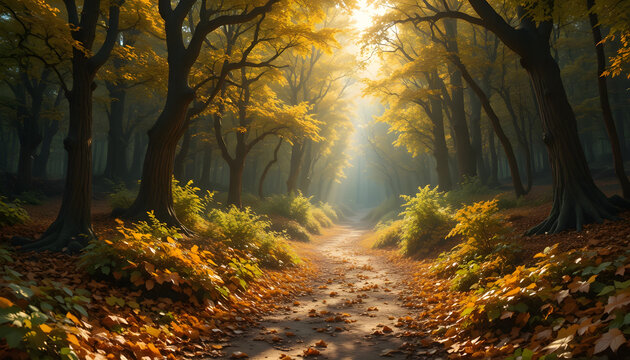 Autumnal forest path strewn with golden leaves and delicate refracting glass ornaments