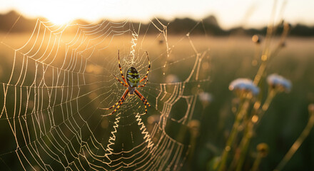 A striking image of a Black and Yellow Garden Spider (Argiope aurantia) centered in its large, circular orb web, highlighted by the warm, golden light of sunrise or sunset over a grassy field. The spi