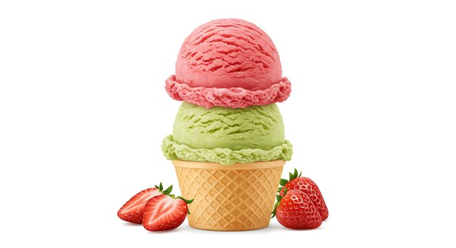 Colorful scoops of strawberry and pistachio ice cream in a crispy waffle cone, isolated on a white background with fresh berries - Powered by Adobe