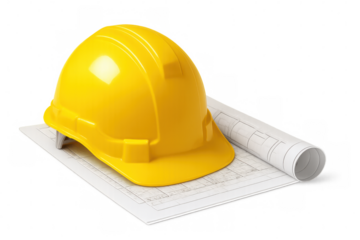 Yellow hard hat on blueprint representing construction, architecture, engineering, and workplace safety planning