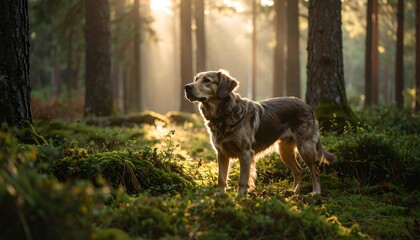 Dog in sunlit forest