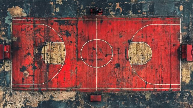 Aerial view of worn red outdoor basketball court