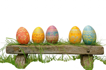 Easter celebration with five painted eggs on rustic wooden bench in nature vibrant spring decor