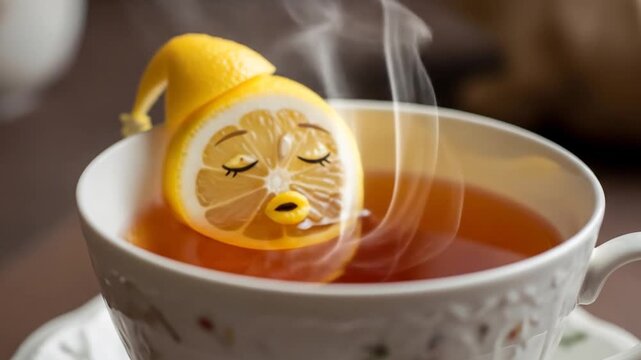 Lemon dozes in tea wearing a nightcap as steam rises Sweet dreams