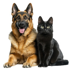 Friendly german shepherd dog and black cat together in a cozy indoor setting heartwarming animal companionship