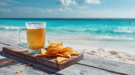 refreshing summer snack of chips and beer by the beach with turquoise waters and sunny skies