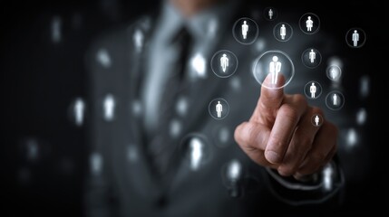 business people technology employment and hiring concept  businessman in suit working with virtual contact icons over black background no logos no brands ar 169
