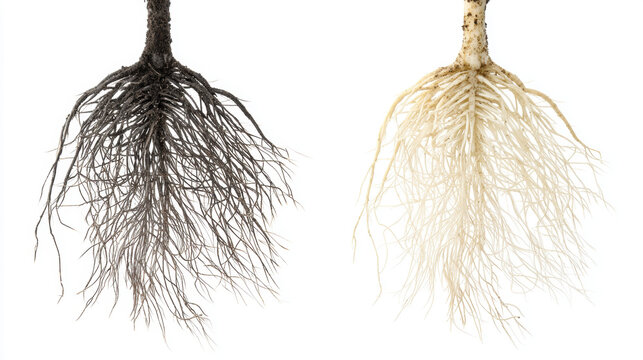 A minimalist graphic showing a dark, decaying root transitioning smoothly into a healthy, vibrant white root. Isolated on a seamless, solid white background. Recovery concept. 3d illustration.