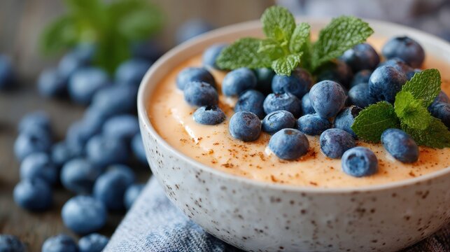 peach smoothie bowl topped with fresh blueberries and mint