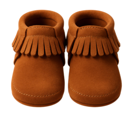 Chestnut brown suede baby moccasins with fringe accents.
