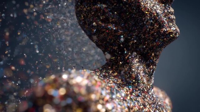 Glitter particles covering human figure symbolize medical impact of microplastic pollution health with colorful particle effects and environmental