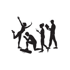 Obraz premium Silhouettes of people engaged in different activities with technology on white background group activity