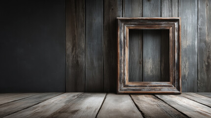 A minimalist professional photo of an empty, distressed wood photo frame on a dark, rustic wooden plank background. Moody lighting. 3d illustration.