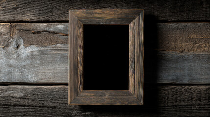 A minimalist professional photo of an empty, distressed wood photo frame on a dark, rustic wooden plank background. Moody lighting. 3d illustration.