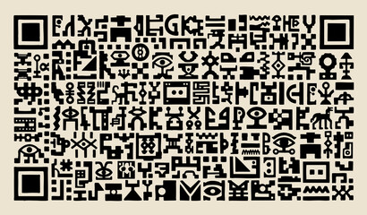 Fototapeta premium Non-existent ancient alphabet in the form of a barcode, QR-code, symbols, signs, alphabet of the future, tattoo