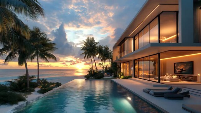 Elegant Beachfront Modern Villa with Palm Trees and Infinity Pool at Tropical Sunset
