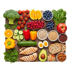  Top-Down View of Balanced Diet Foods on Wooden Table, Isolated Background