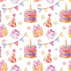 birthday cake with candle, party hat, flags and gift box hand drawn watercolor illustration isolated on white. Delicate seamless pattern for children's design, fabric, prints, wrapping paper, textile