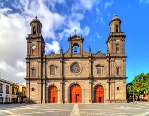 Obraz premium Large stone cathedral with twin towers against a blue sky