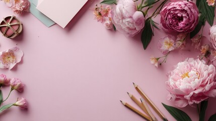 pretty pink stationery arrangement with flowers and pencils for a stylish workspace