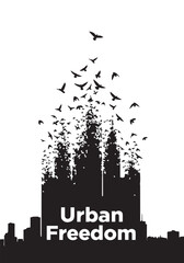 A flock of birds rising from a city s skyline a striking silhouette